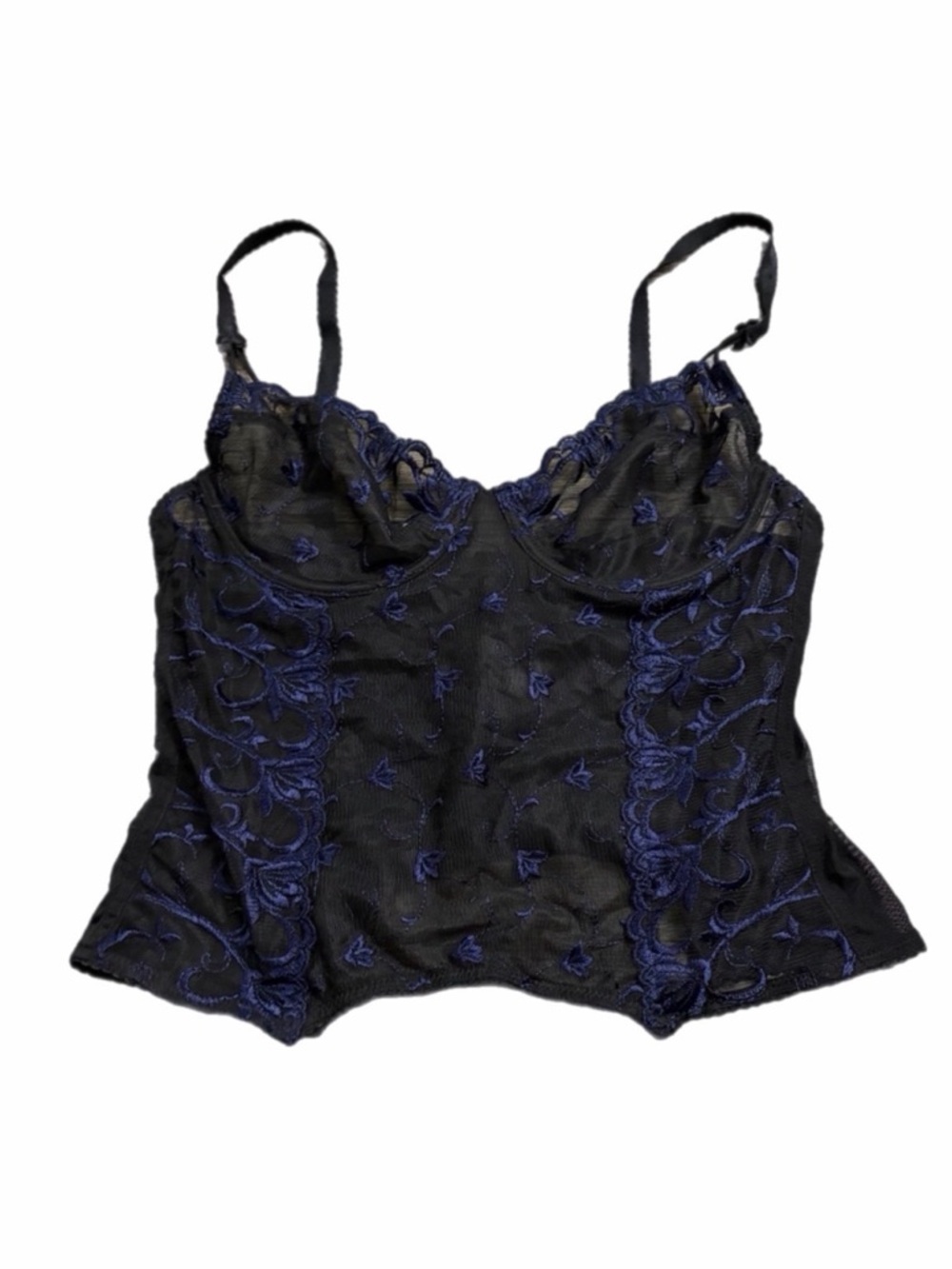 90s European Vintage TCM Embroidered Lace Boned Corset Top (Black/Blue) Size M/L - Picture 2 of 9